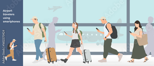 空港でスマホを操作する旅行客のイラスト