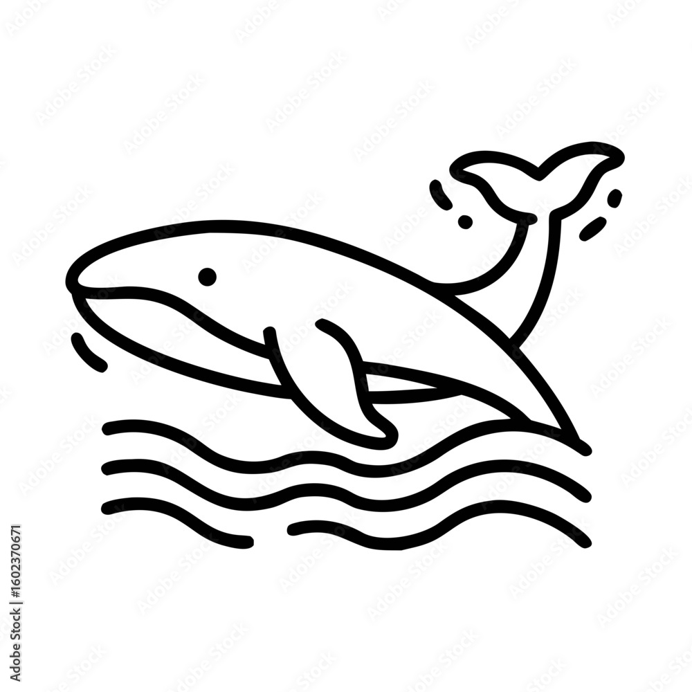 Fototapeta premium Whale jumping out of water with waves in simple line art style
