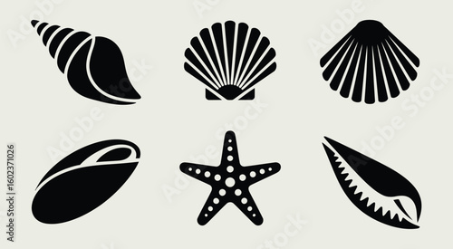 Collection of six black silhouetted seashells and starfish