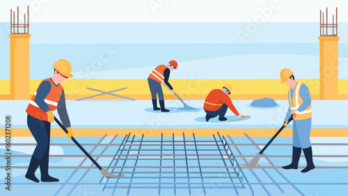 Construction workers smoothing cement on a construction site with rebar and support columns visible