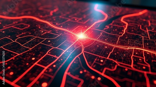 City power outage at night, glowing energy map showing blackout zones and active electricity network