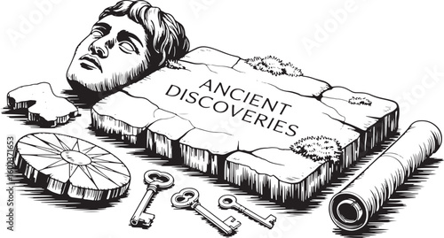 Ancient Discoveries Illustration with Man Head and Keys