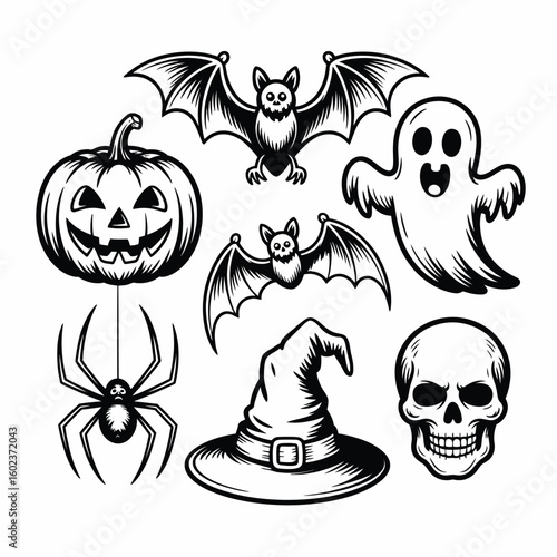 Halloween icons collection featuring pumpkin ghost bats spider witch hat and skull