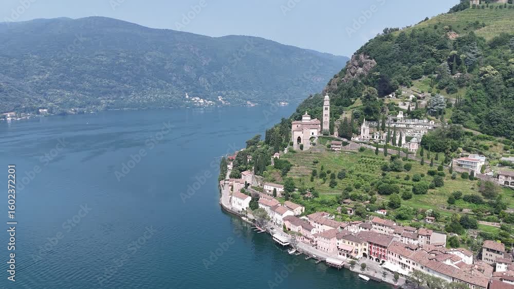 Establishing aerial shot Morcote village Lake Lugano Switzerland Establishing aerial shot Morcote village Lake Lugano Switzerland