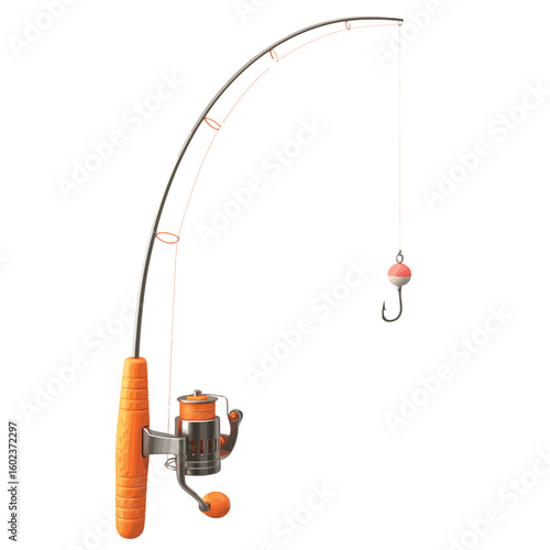 Orange ice fishing rod and reel with jig