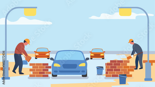 Workers build brick walls on the street with cars and streetlights under a bright blue sky backdrop view