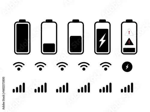Battery life and signal strength icons for mobile devices showing connection and power levels. battery, status, signal, strength, wifi, connection, wireless, technology, mobile, phone, smartphone, dev