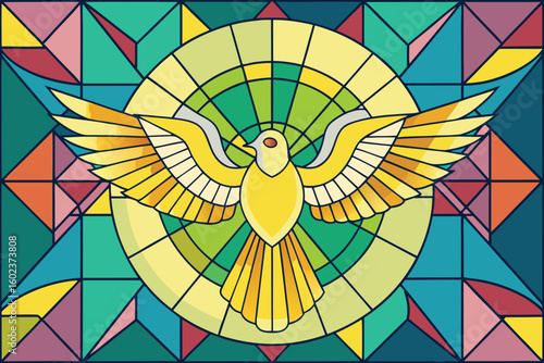 Holy Spirit Dove in Stained Glass Style Illustration with Colorful Geometric Background