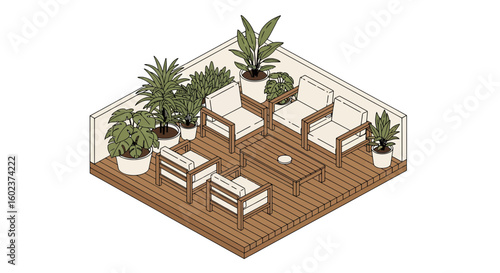balcony seating area with plants and wooden furniture