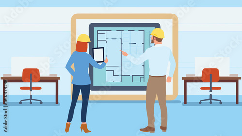 Architects reviewing blueprint on large screen in office space with desks and chairs around them
