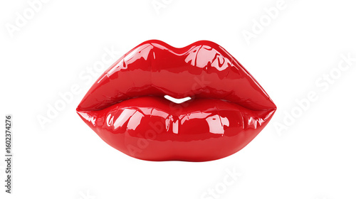 Juicy red lips in kiss shape with glossy finish, cartoon 3D icon, isolated on transparent background 