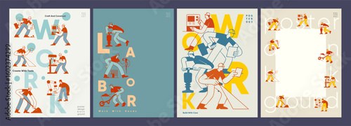 Minimalist retro-style illustration posters of industrial workers using tools, engaged in manual labor and construction tasks. Ideal for workplace, poster, or banner use.