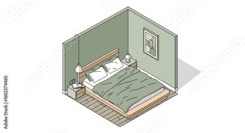 Bedroom interior with bed and nightstands in muted tones