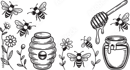 Bees flowers honey pot and dipper illustration apiary hive