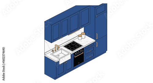 Blue kitchen cabinetry with countertop and appliances