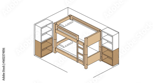 Bunk bed with storage shelves room interior concept