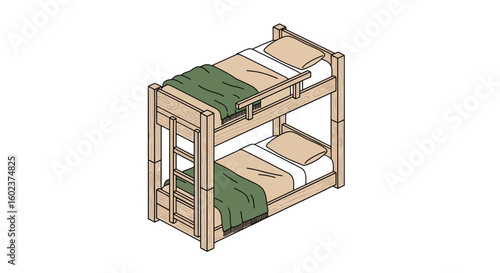 Bunk bed with bedding, wooden frame, sleeping space