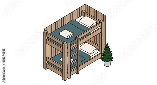 Bunk bed with bedding and potted plant