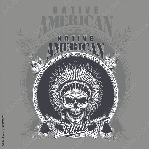Tribal Skull with Warbonnet and Crossed Tomahawks in Native American Style