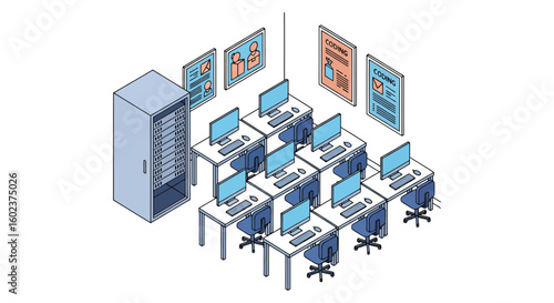 Coding classroom with computers and server room