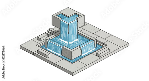 Concrete fountain cascade water feature isometric view