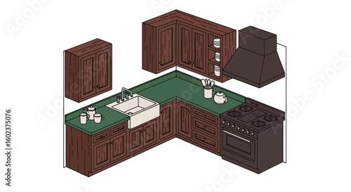 Corner kitchen cabinetry with appliances and countertop