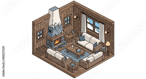 Cozy cabin interior with fireplace and comfortable seating