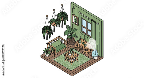 Cozy indoor corner with plants, rug, and humidifier