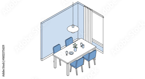 Dining room interior with table chairs and pendant light