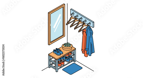 Entryway with coat rack, mirror, and shoe storage