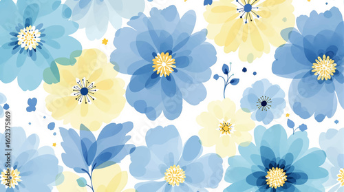 Elegant blue watercolour floral wallpaper pattern, luxurious and delicate blooms, soft, splash
