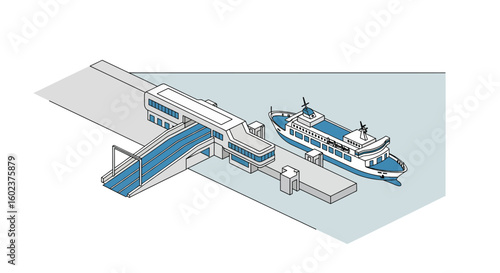 Ferry boat docked at modern terminal building