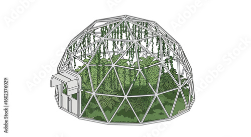 Geodesic Dome Greenhouse with Lush Greenery Interior