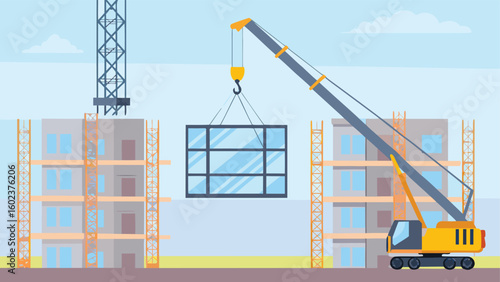 Construction site scene with crane lifting window panel between unfinished buildings on a bright day