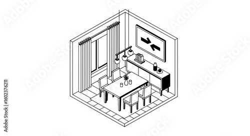 Home office interior with desk and table isometric view
