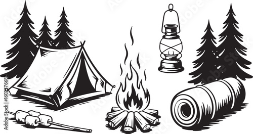 Camping scene with tent campfire lantern marshmallows and sleeping bag vector