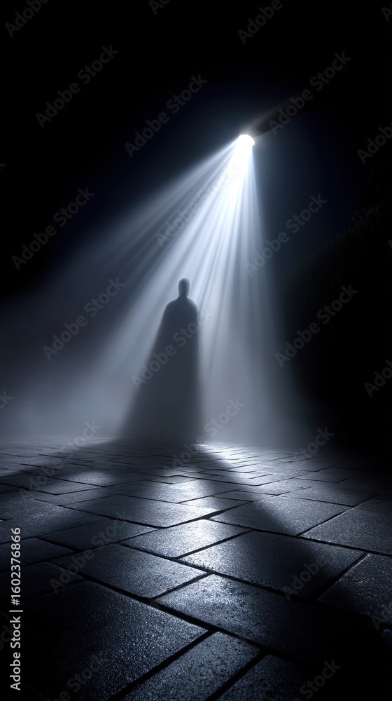 Obraz premium A mysterious figure is dramatically illuminated by a bright spotlight in a dark, textured scene.