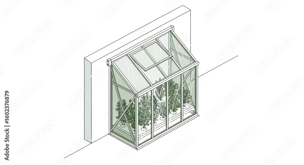 Obraz premium Lean-to greenhouse with plants against a wall