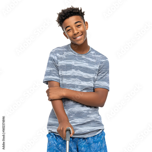 Young teenage Black person smiling while holding a golf club and  relaxed stance and casual sportswear and  isolated white background Batch  realistic clean bright simple modern stock image isolated o