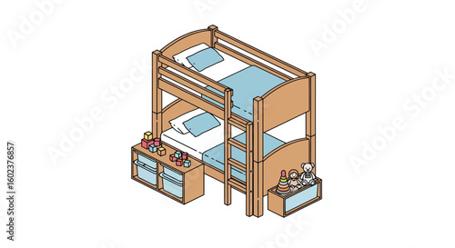 Kids bunk bed with storage and toys, interior view