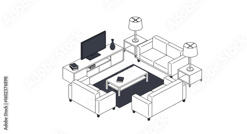 Living room furniture arrangement flat style interior space