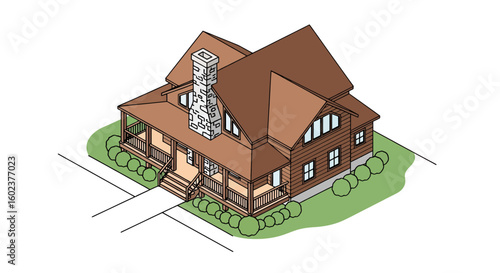 Log cabin house with porch and chimney isometric view