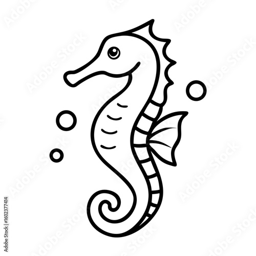 Cute seahorse swimming with bubbles in black and white outline  