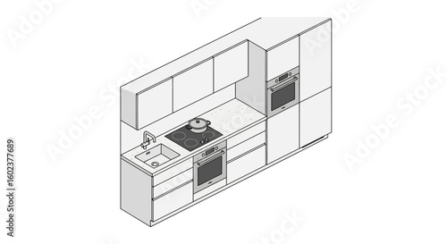 Modern kitchen layout with appliances and cookware