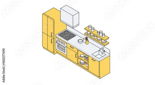Modern kitchen layout with appliances and countertop