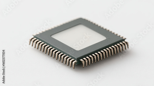 Microchip with metal pins on white surface, close up view