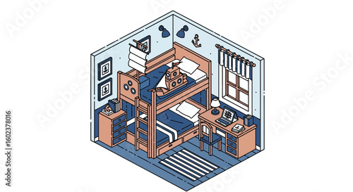 Nautical dorm room bunk beds study desk window interior