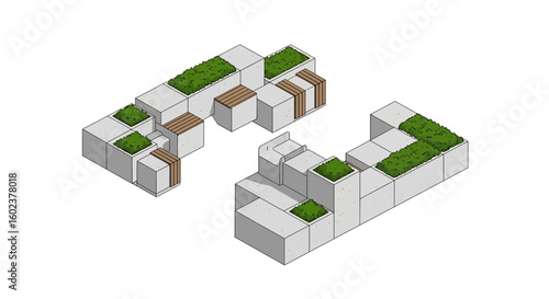 Modular seating area with planters isometric view