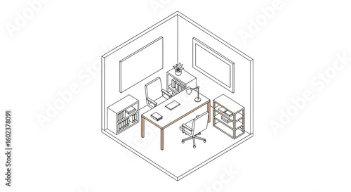 Office interior outline room workspace desk chair books