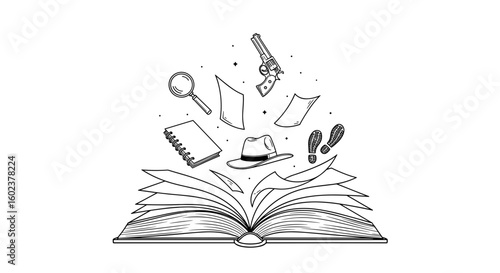 Open detective book with magnifying glass, gun, notebook, and hat, representing mystery and crime-solving